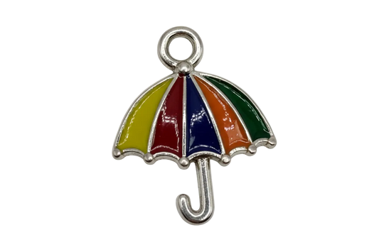 Rainbow enamel umbrella charm in silver with yellow, red, blue, orange, and green panels