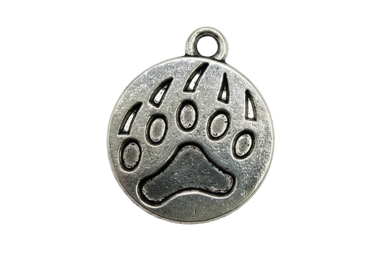 Silver round disc charm with engraved paw print and darkened recessed details