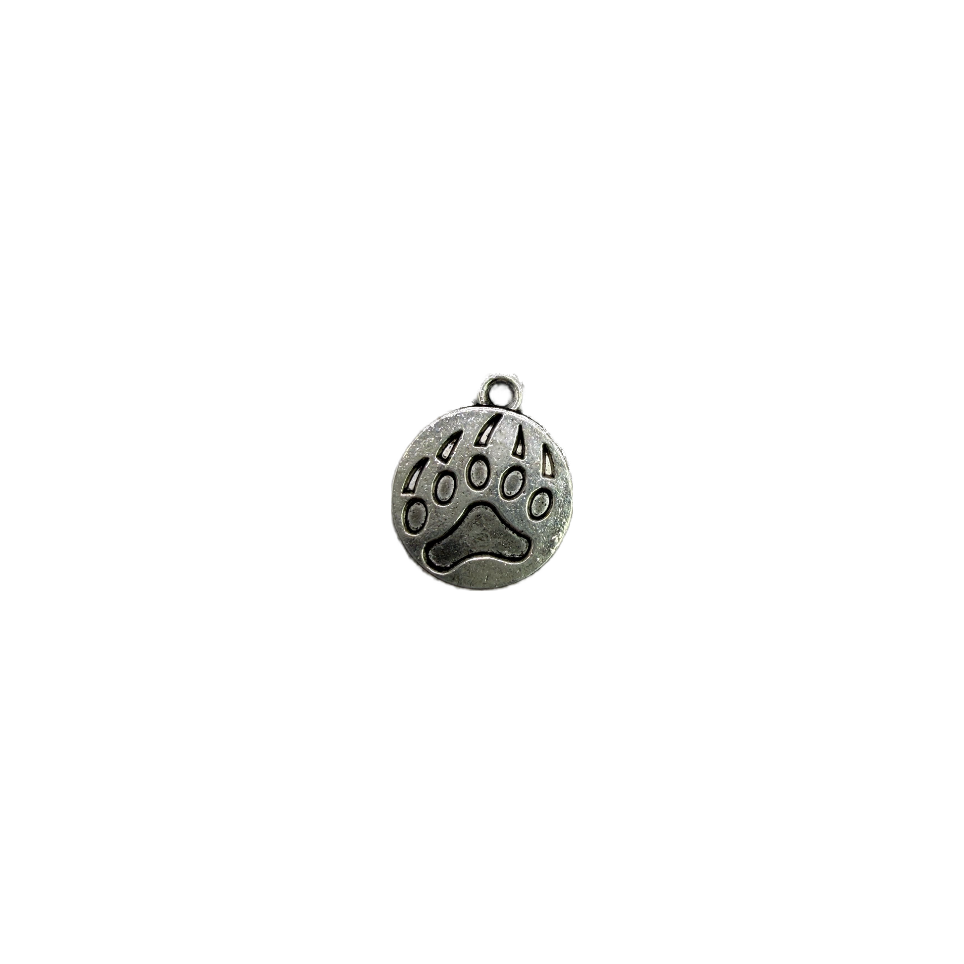 Silver disc charm with engraved paw print