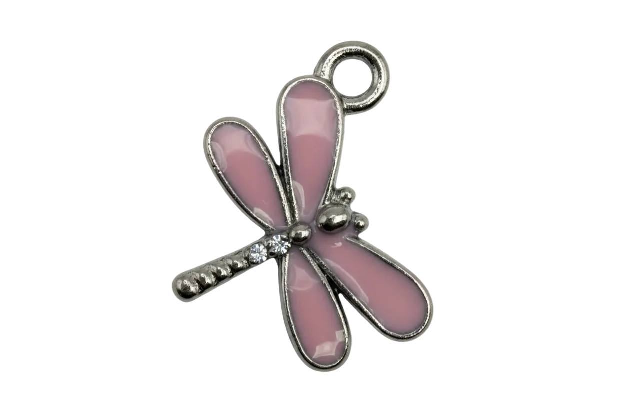 Silver dragonfly charm with glossy pink enamel wings