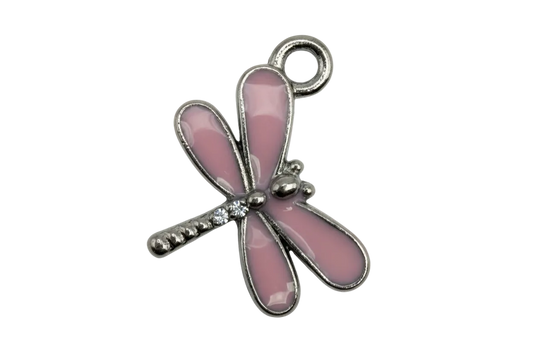 Silver dragonfly charm with glossy pink enamel wings