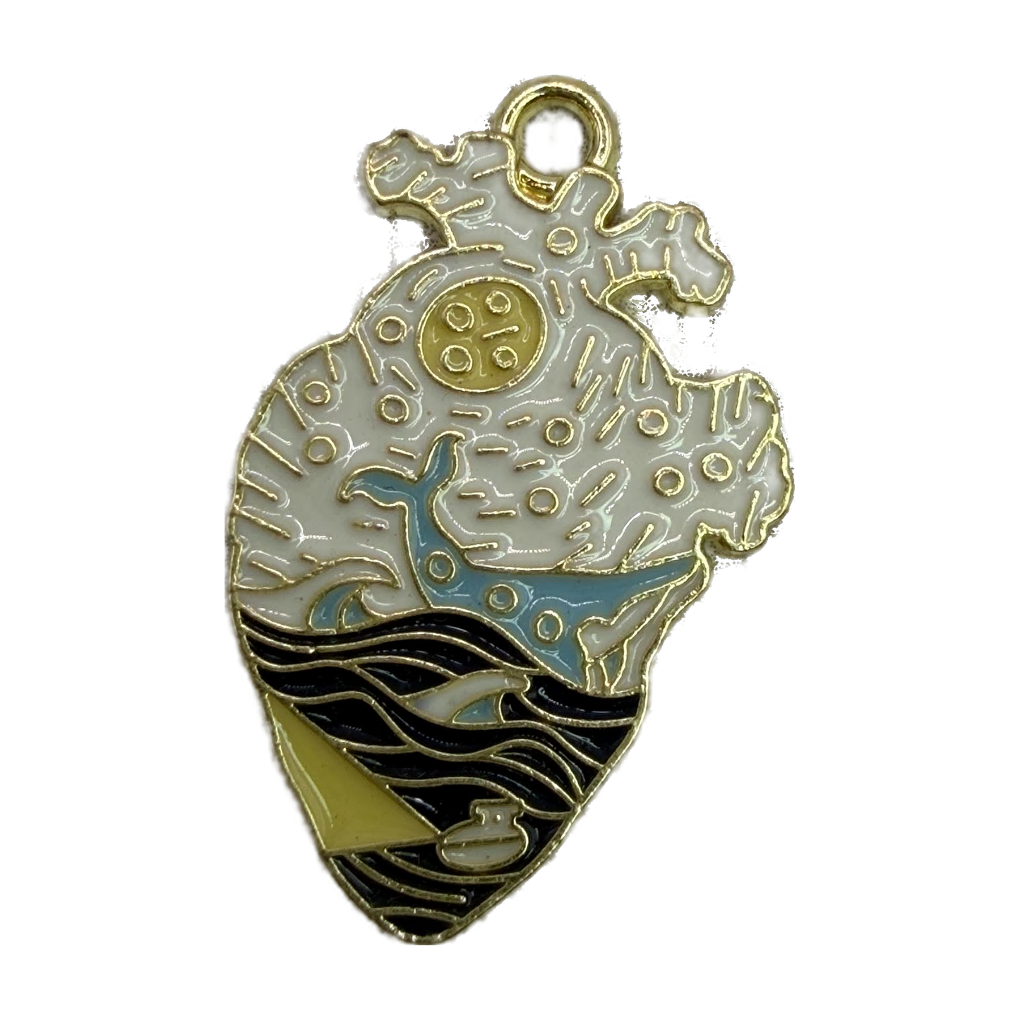 Gold-tone anatomical heart with white enamel, blue whale, black waves, and small sailboat detail