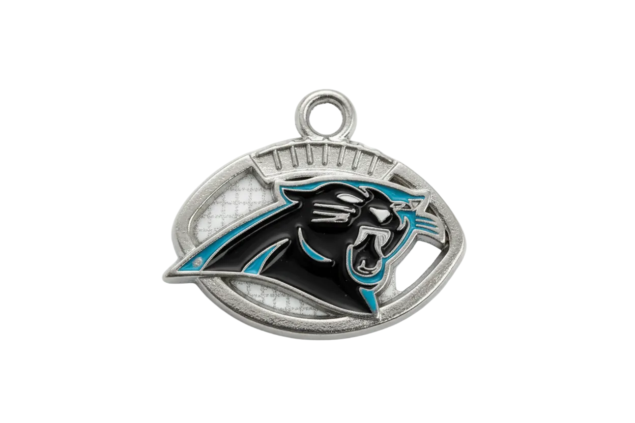 Silver football-shaped charm with black panther head and teal accents