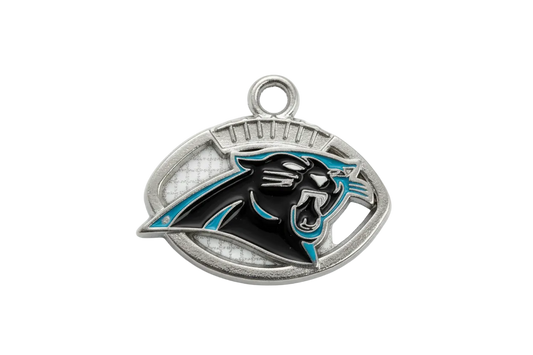 Silver football-shaped charm with black panther head and teal accents