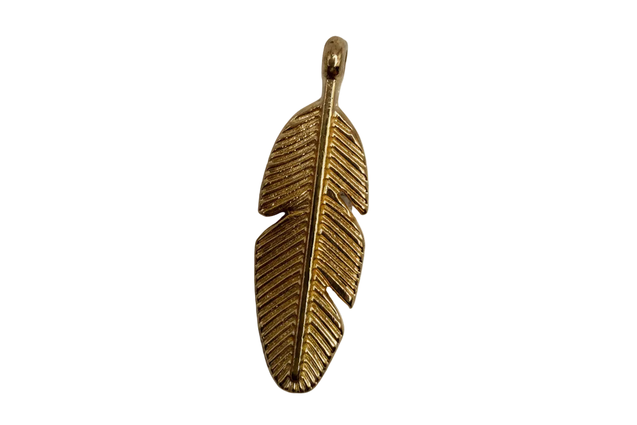Gold textured feather charm with ribbed detailing and polished finish
