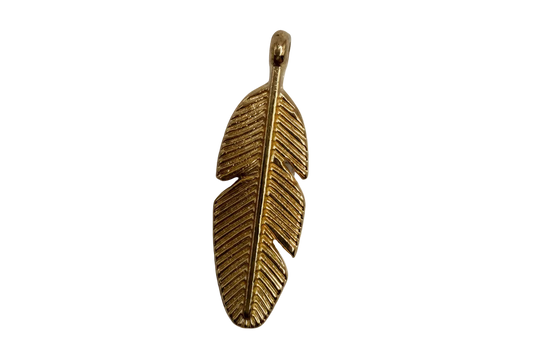 Gold textured feather charm with ribbed detailing and polished finish