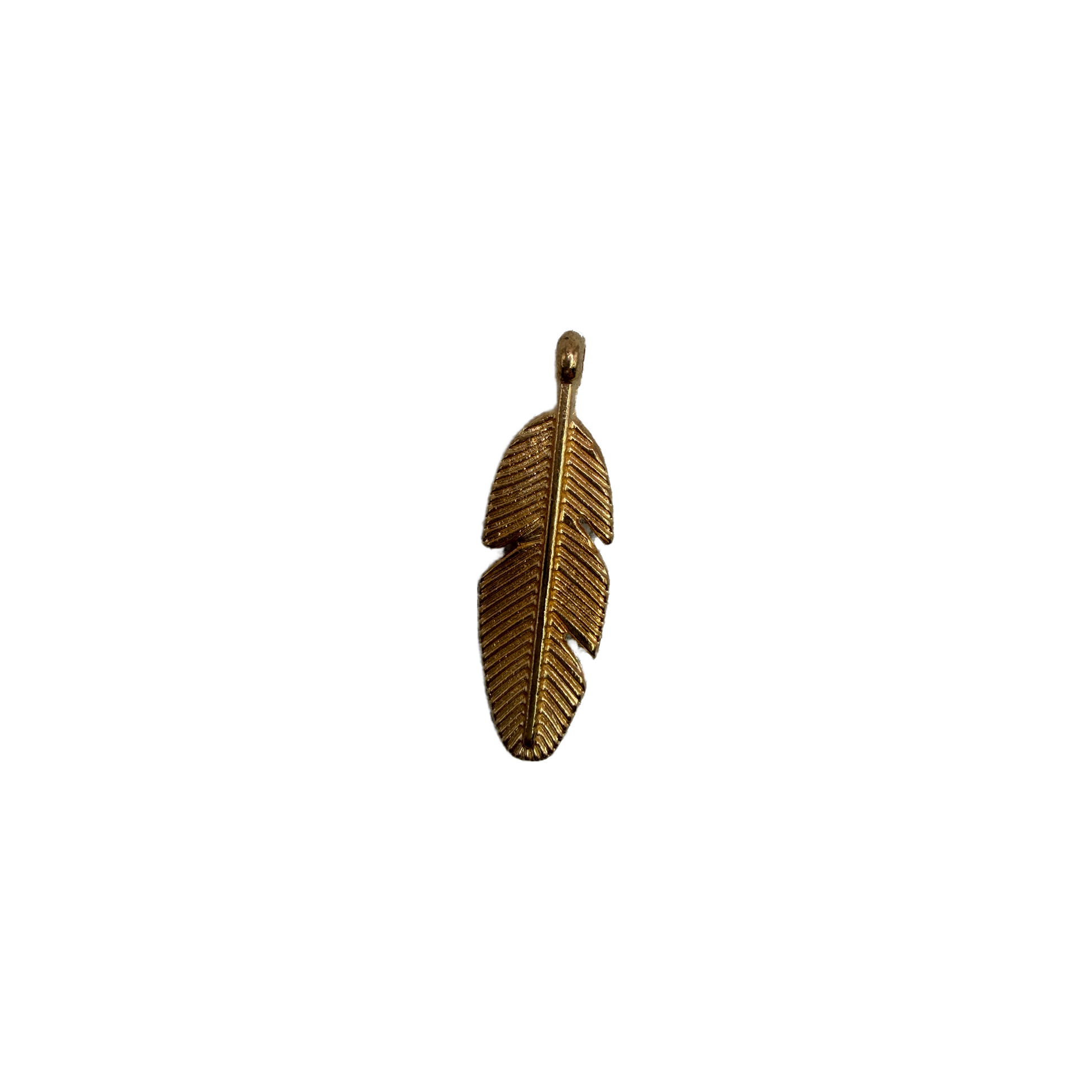 Gold textured feather charm with ribbed detailing