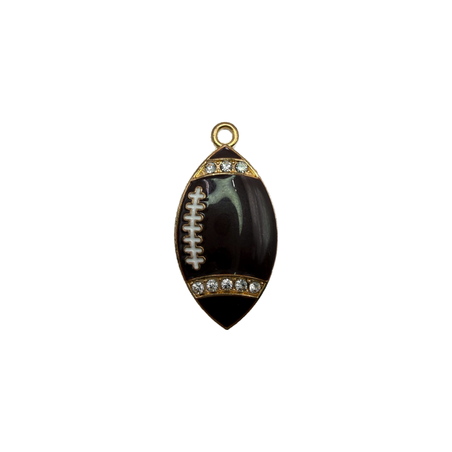 Black football with gold trim, white laces, clear crystals