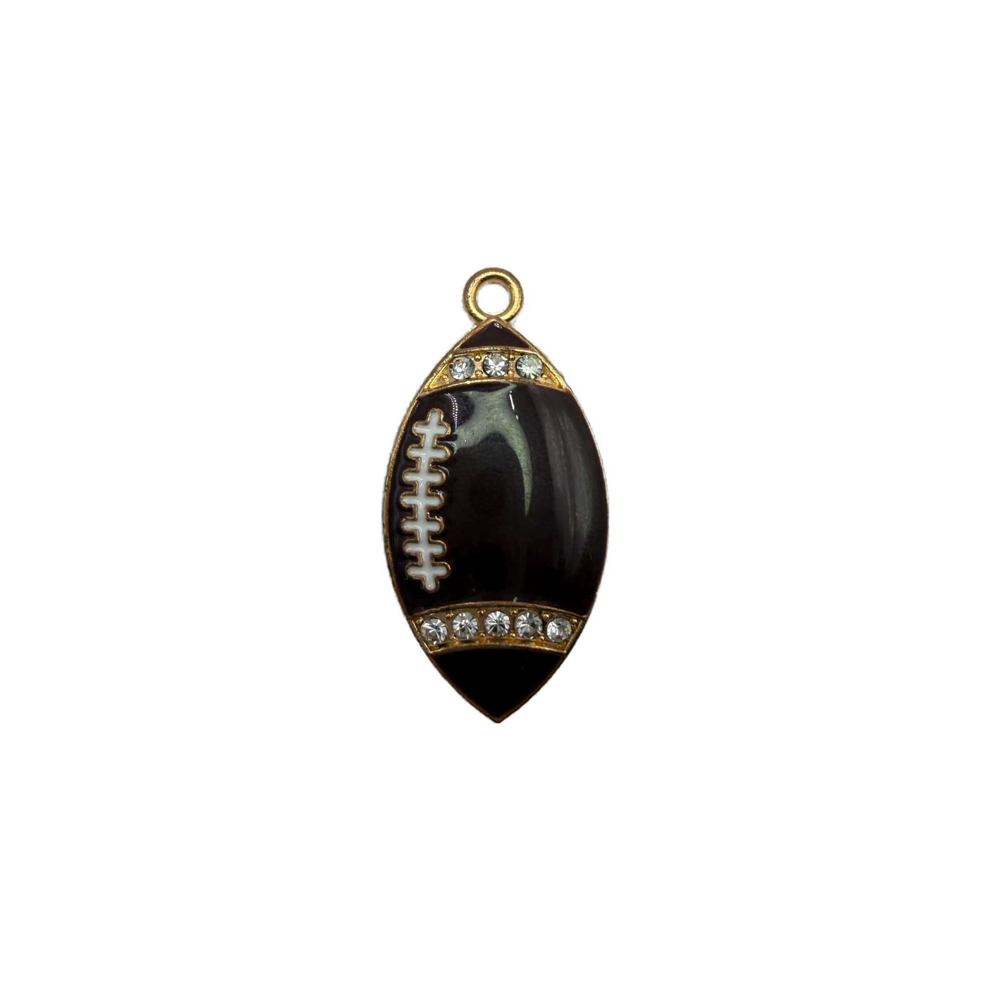 Black football with gold trim, white laces, clear crystals