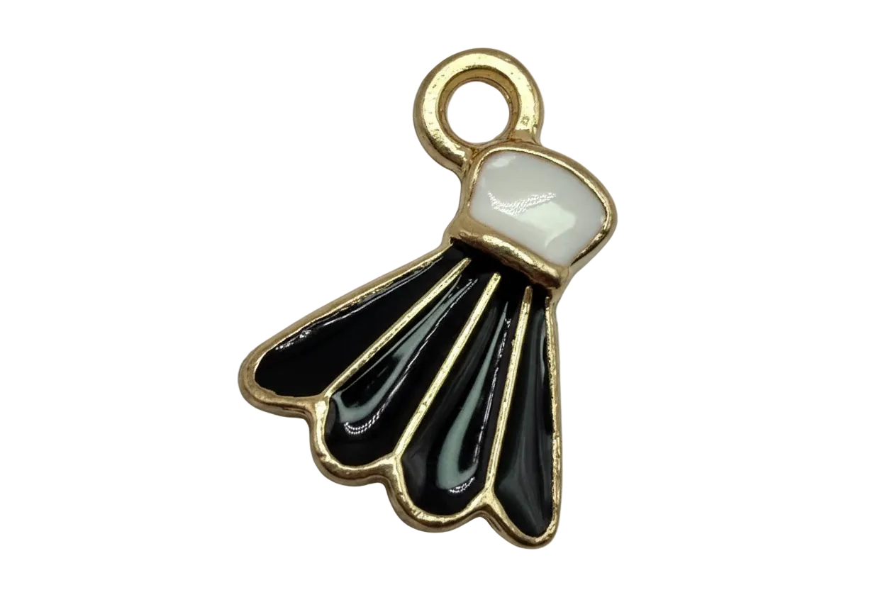 Gold folding fan charm with glossy black enamel panels and a white accent top
