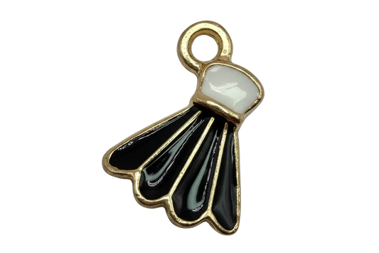 Gold folding fan charm with glossy black enamel panels and a white accent top