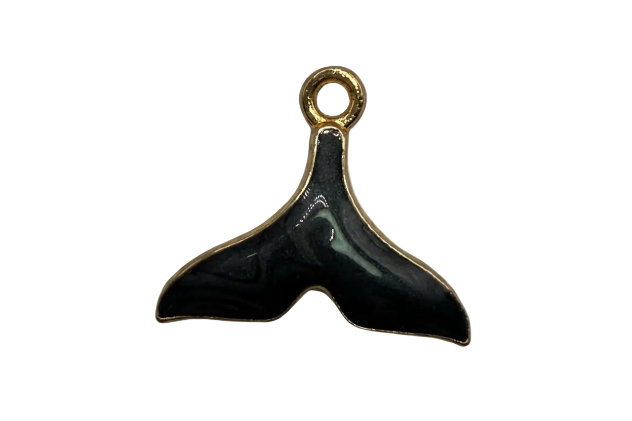 Glossy black enamel whale tail with gold outline