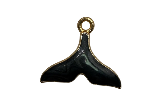 Glossy black enamel whale tail with gold outline