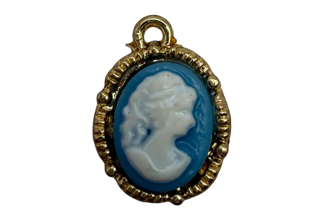 Gold-framed oval cameo with white profile portrait on deep blue background