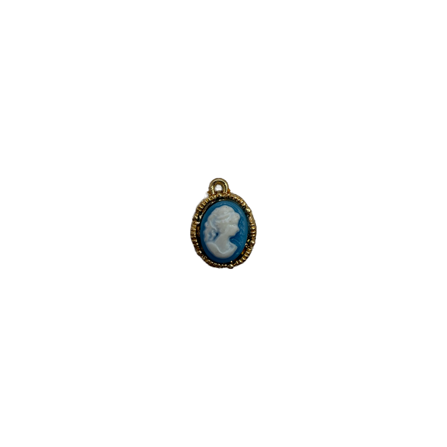 Gold oval cameo with white profile on deep blue