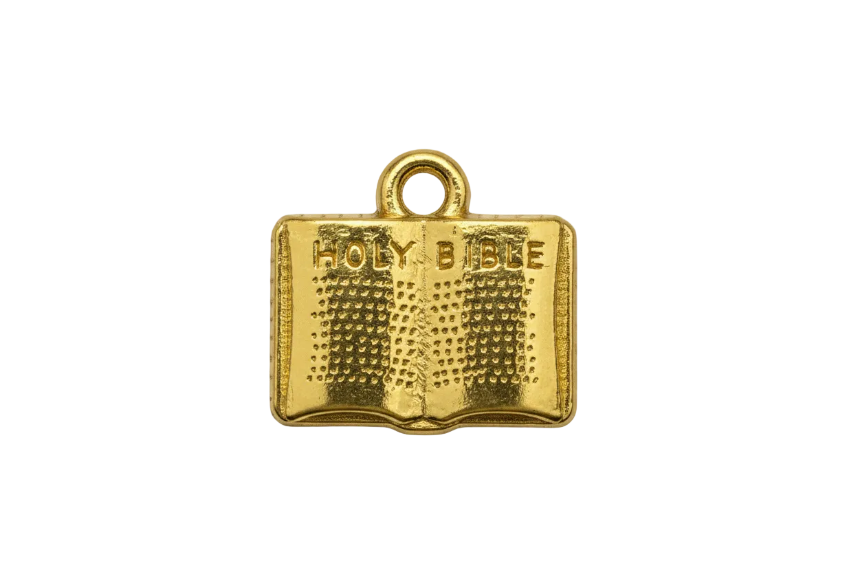 Gold open book charm with raised "Holy Bible" lettering and textured pages