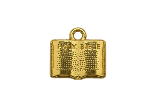 Gold open book charm with raised "Holy Bible" lettering and textured pages