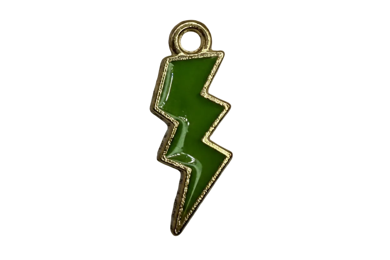 Glossy deep green enamel lightning bolt with gold outline
