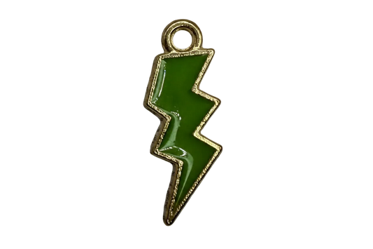 Glossy deep green enamel lightning bolt with gold outline