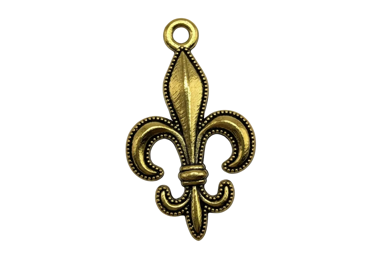 Ornate gold fleur-de-lis emblem with beaded border and antiqued finish