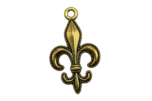Ornate gold fleur-de-lis emblem with beaded border and antiqued finish