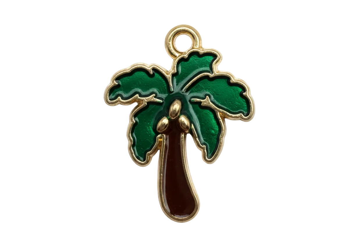 Gold palm tree charm with deep green enamel fronds and brown enamel trunk