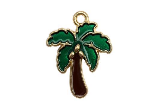 Gold palm tree charm with deep green enamel fronds and brown enamel trunk