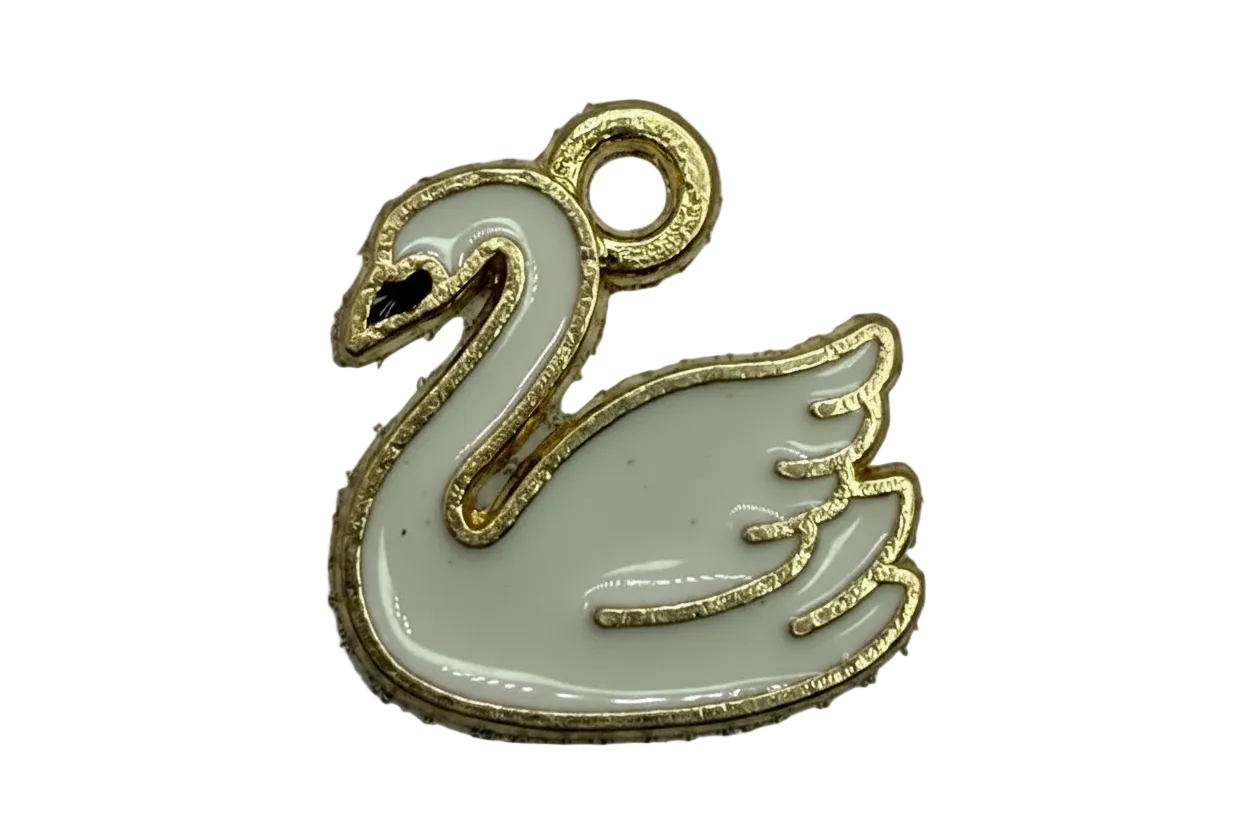 Glossy white swan silhouette with textured gold outline and small clear gem accent