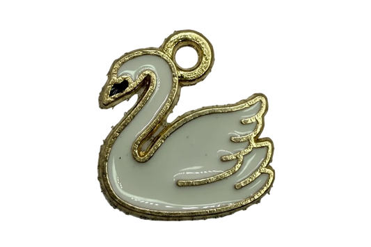 Glossy white swan silhouette with textured gold outline and small clear gem accent