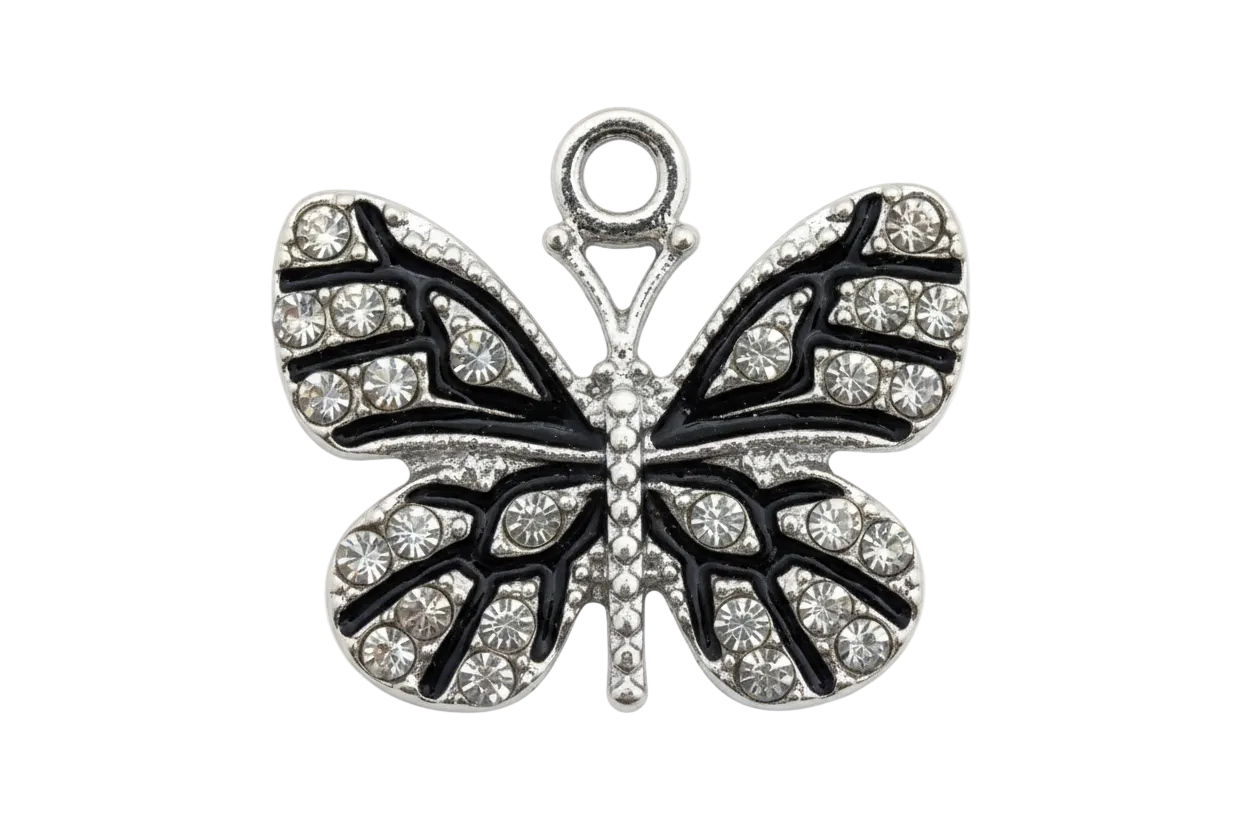 Silver butterfly charm with clear crystal pavé and black enamel details