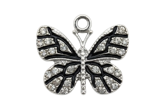 Silver butterfly charm with clear crystal pavé and black enamel details