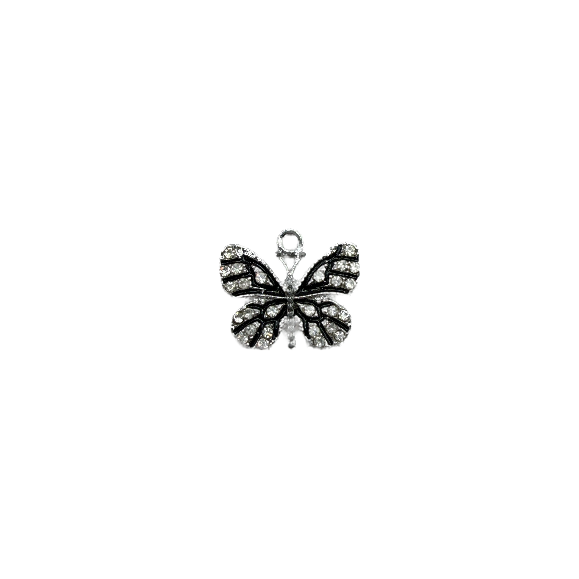 Silver butterfly with clear crystals and black enamel details