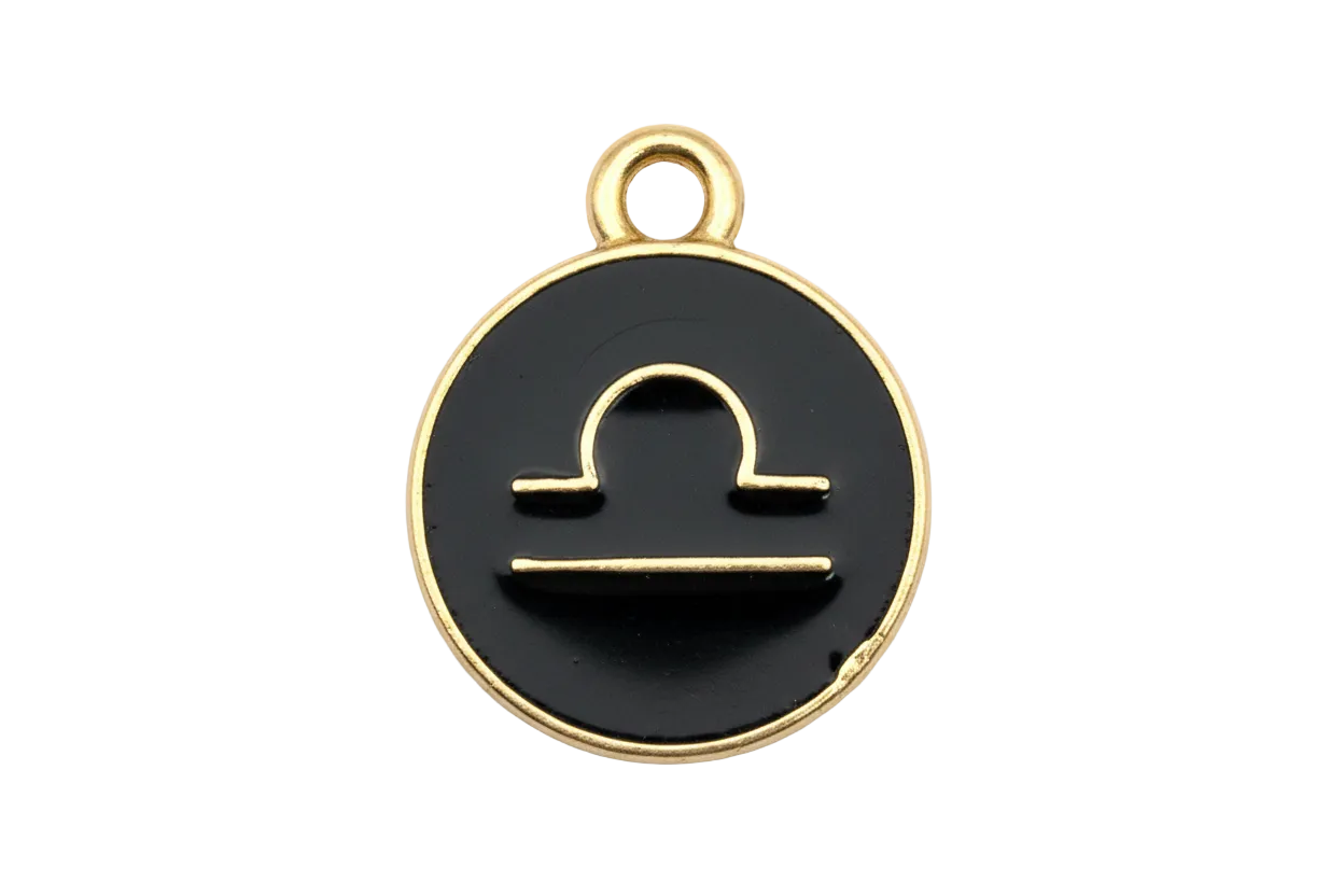 Black enamel round disc with gold Libra zodiac symbol and gold rim
