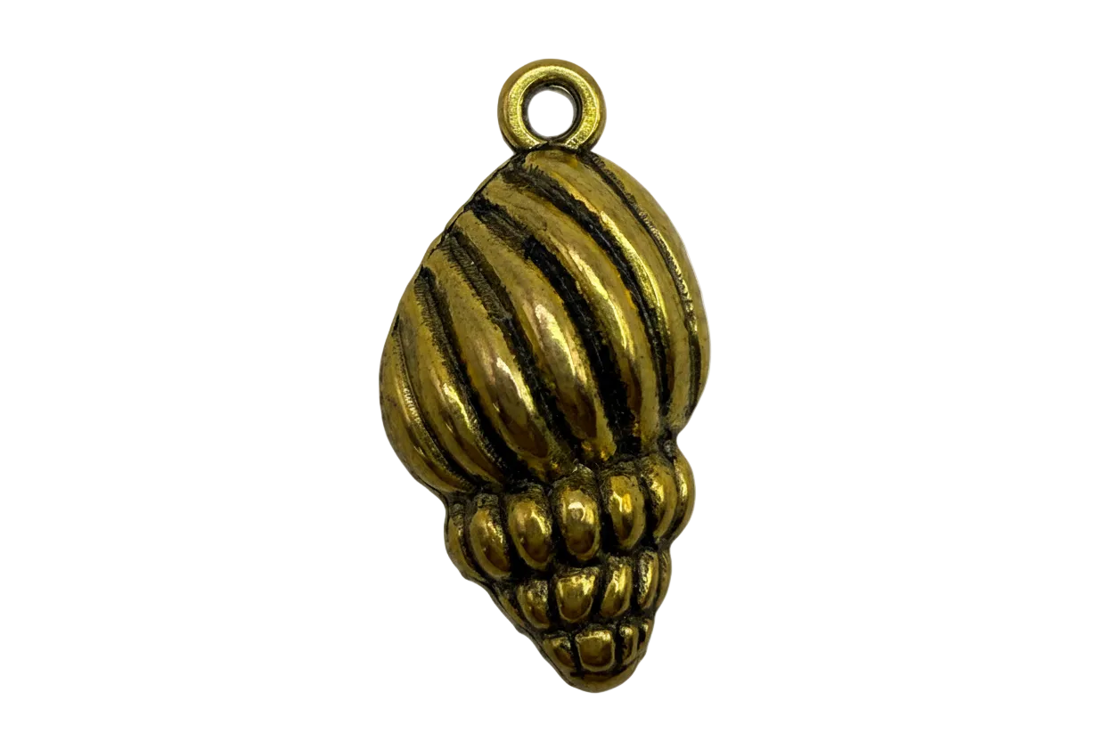 Antiqued gold pine cone charm with ridged texture and darkened grooves