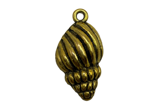 Antiqued gold pine cone charm with ridged texture and darkened grooves