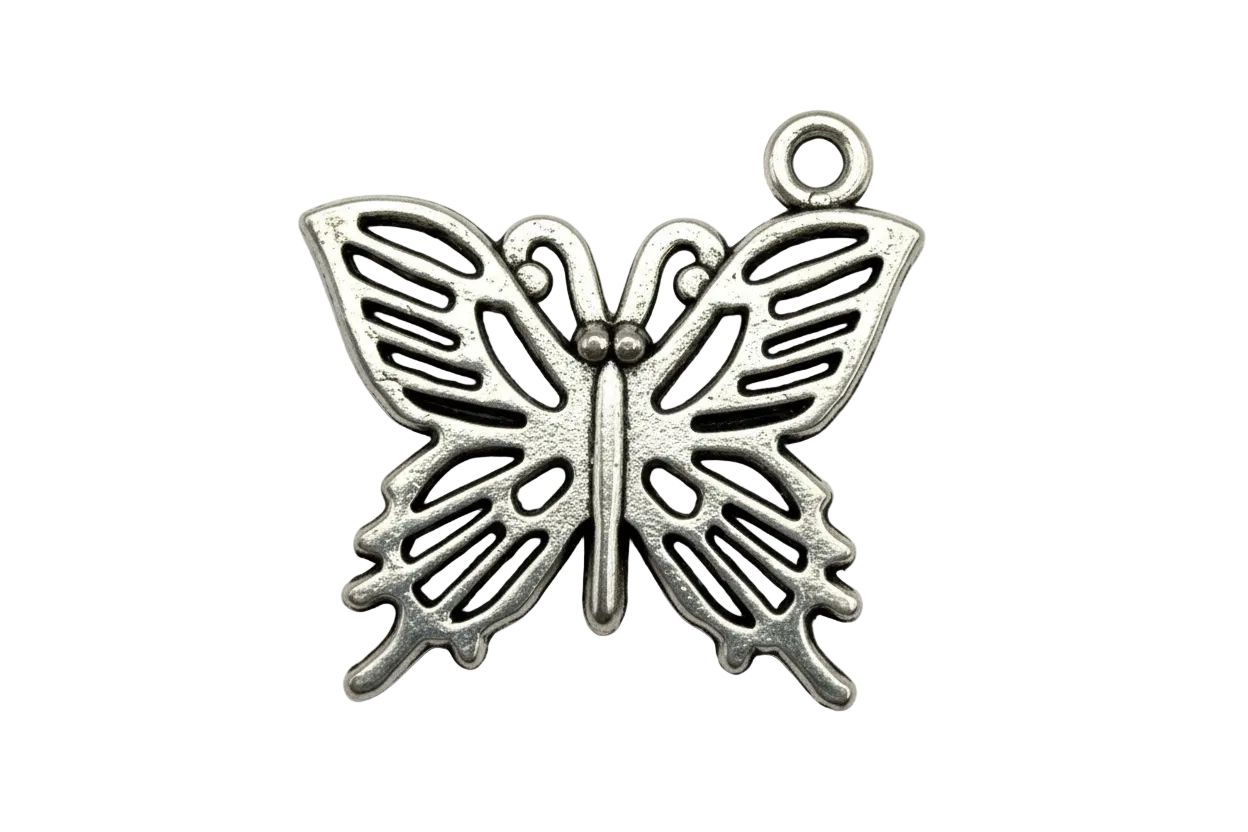 Antiqued silver openwork butterfly charm with cutout wings and oxidized details