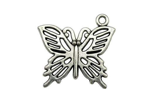 Antiqued silver openwork butterfly charm with cutout wings and oxidized details