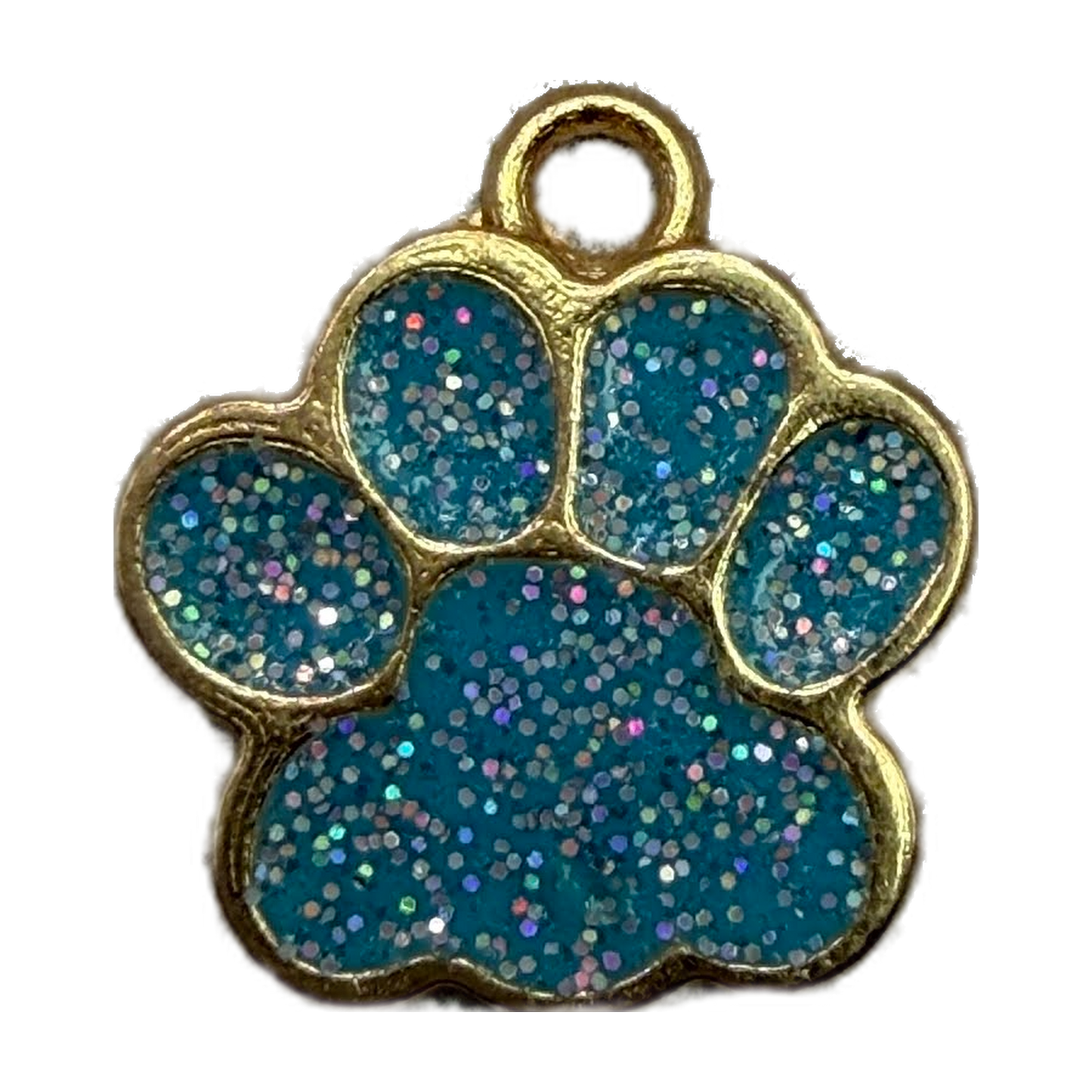 Gold paw print charm with teal glitter enamel and multicolor sparkle