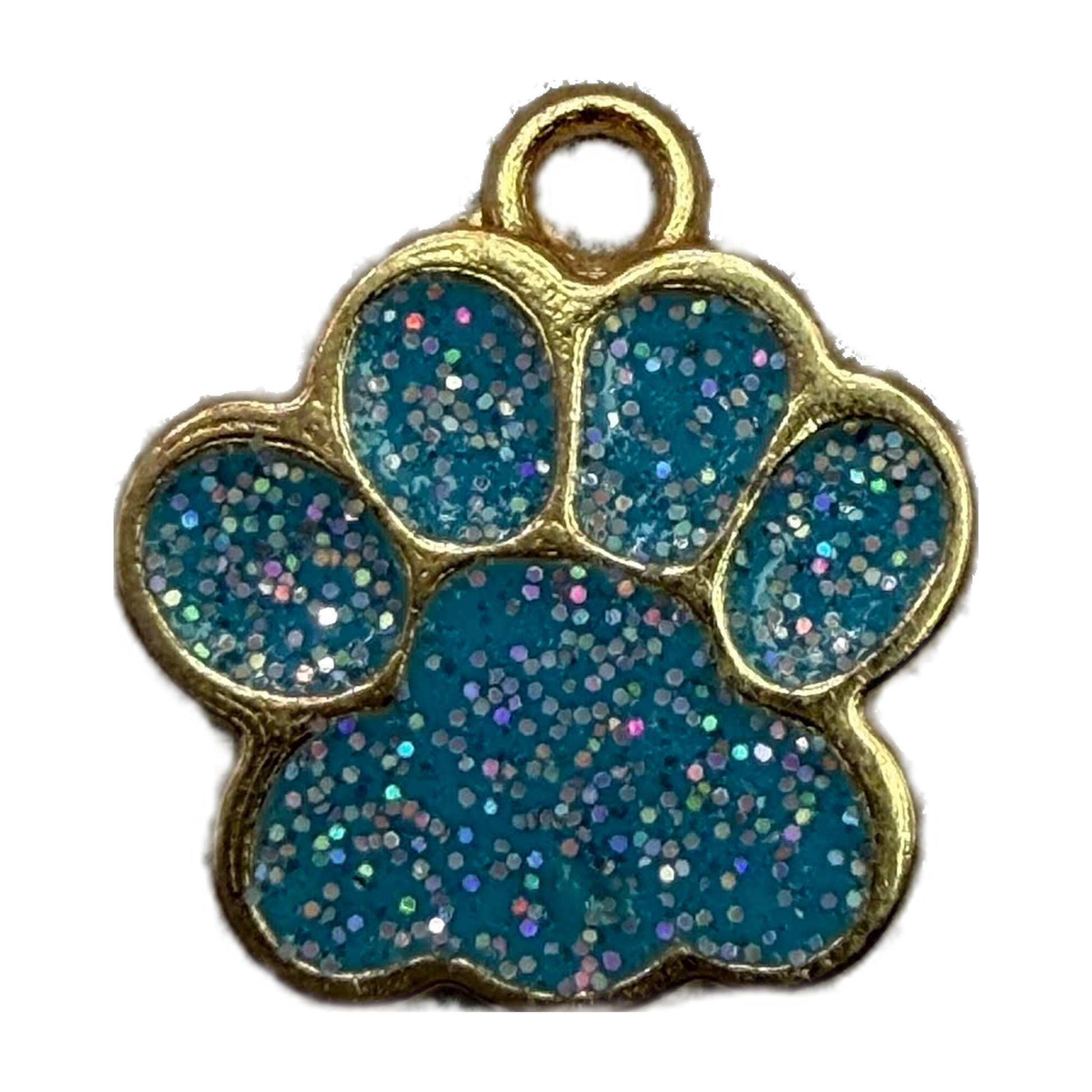 Gold paw print charm with teal glitter enamel and multicolor sparkle