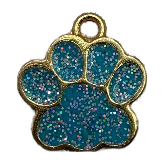 Gold paw print charm with teal glitter enamel and multicolor sparkle