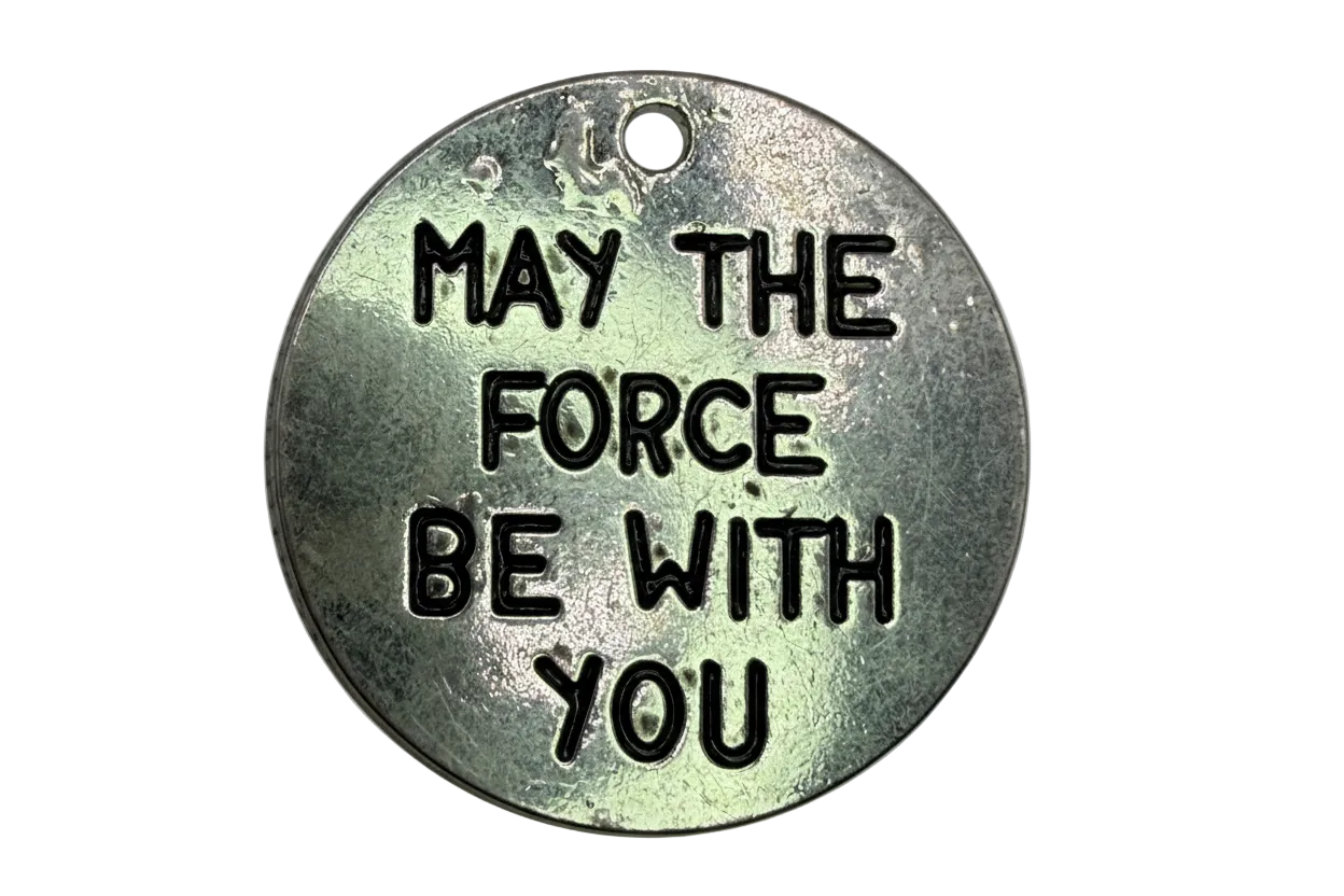 Round antiqued silver-tone coin with blackened engraved message lettering