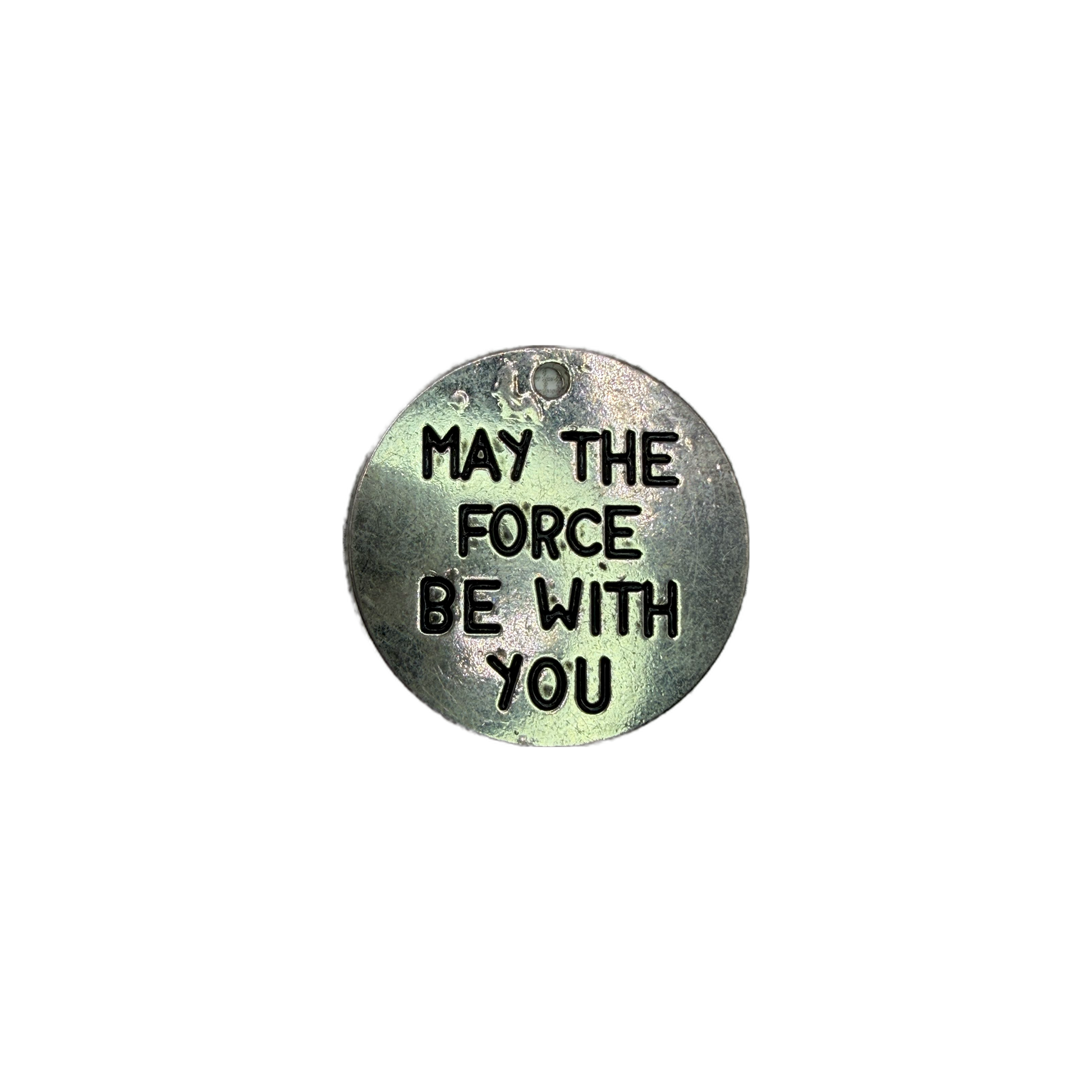 Antiqued silver-tone engraved message coin with black lettering