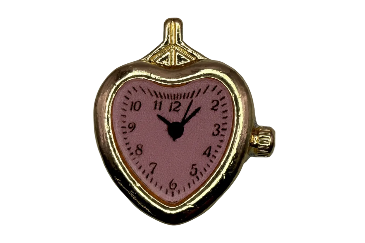 Gold heart watch face with pink dial, black numerals, and black hands