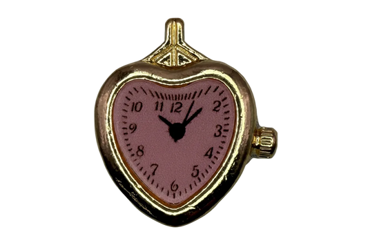Gold heart watch face with pink dial, black numerals, and black hands