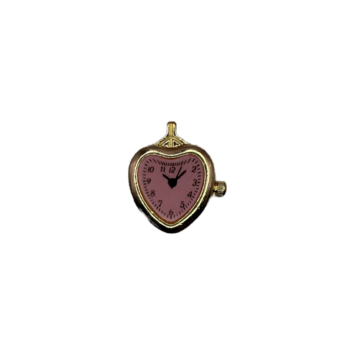 Gold heart watch face with pink dial and black numerals