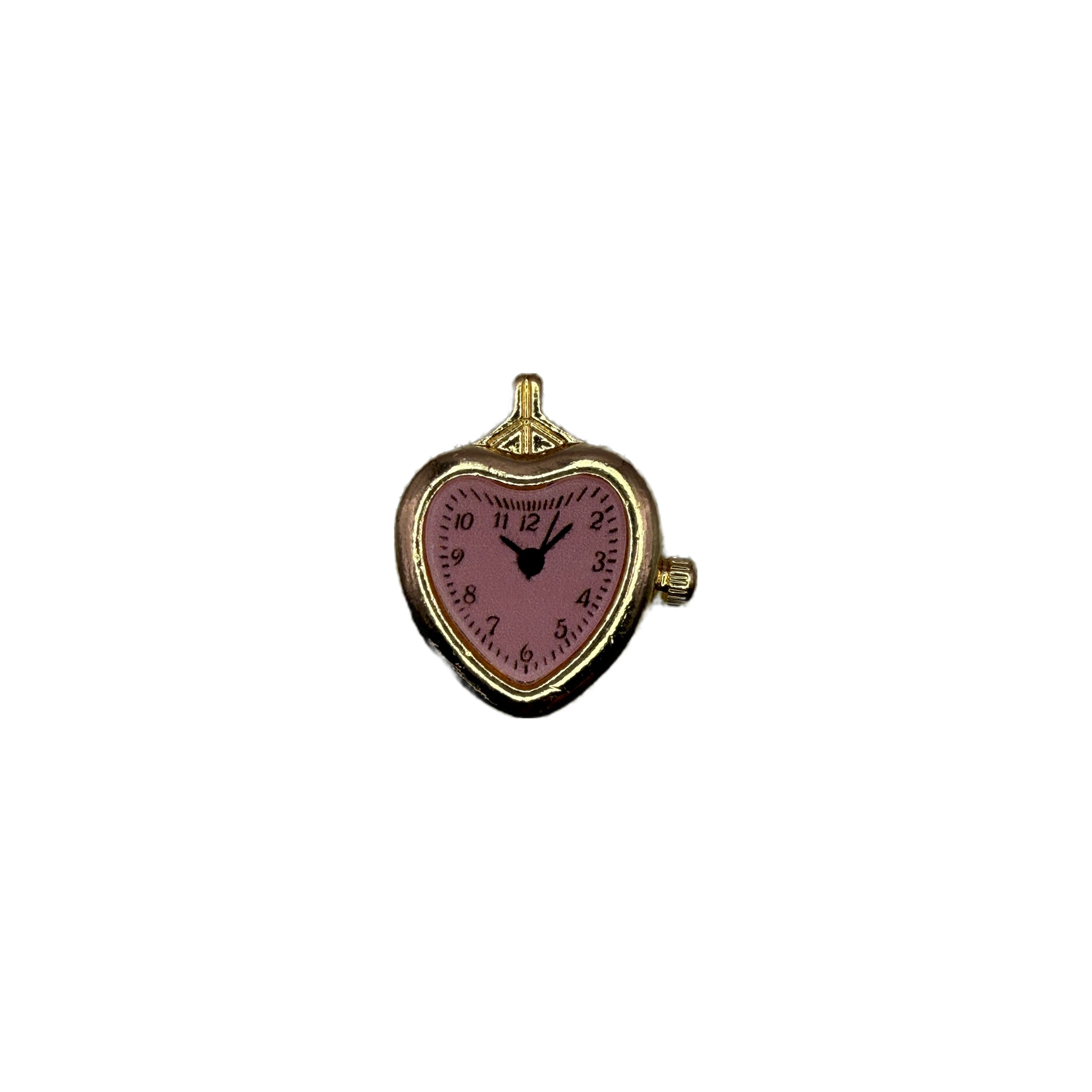 Gold heart watch face with pink dial and black numerals