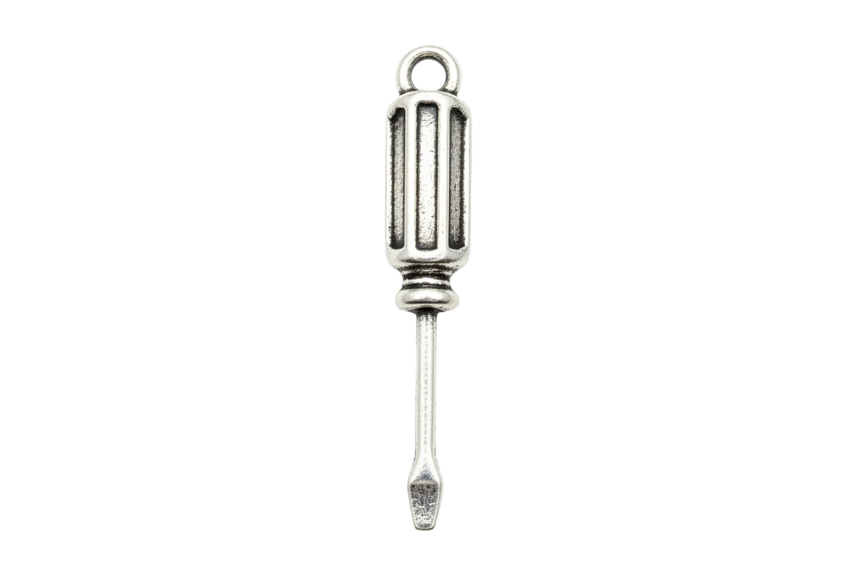 Polished silver miniature screwdriver charm with dark oxidized grooves on black background