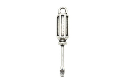 Polished silver miniature screwdriver charm with dark oxidized grooves on black background