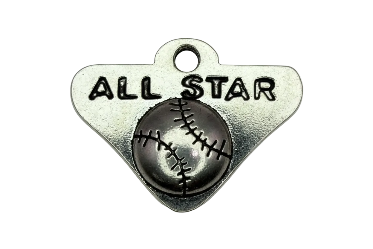 Silver home plate tag with black ALL STAR text and raised baseball detail