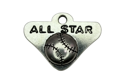 Silver home plate tag with black ALL STAR text and raised baseball detail